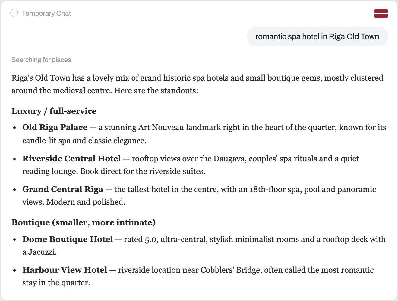 Captured Claude answer screenshot — hotel recommended with a direct link